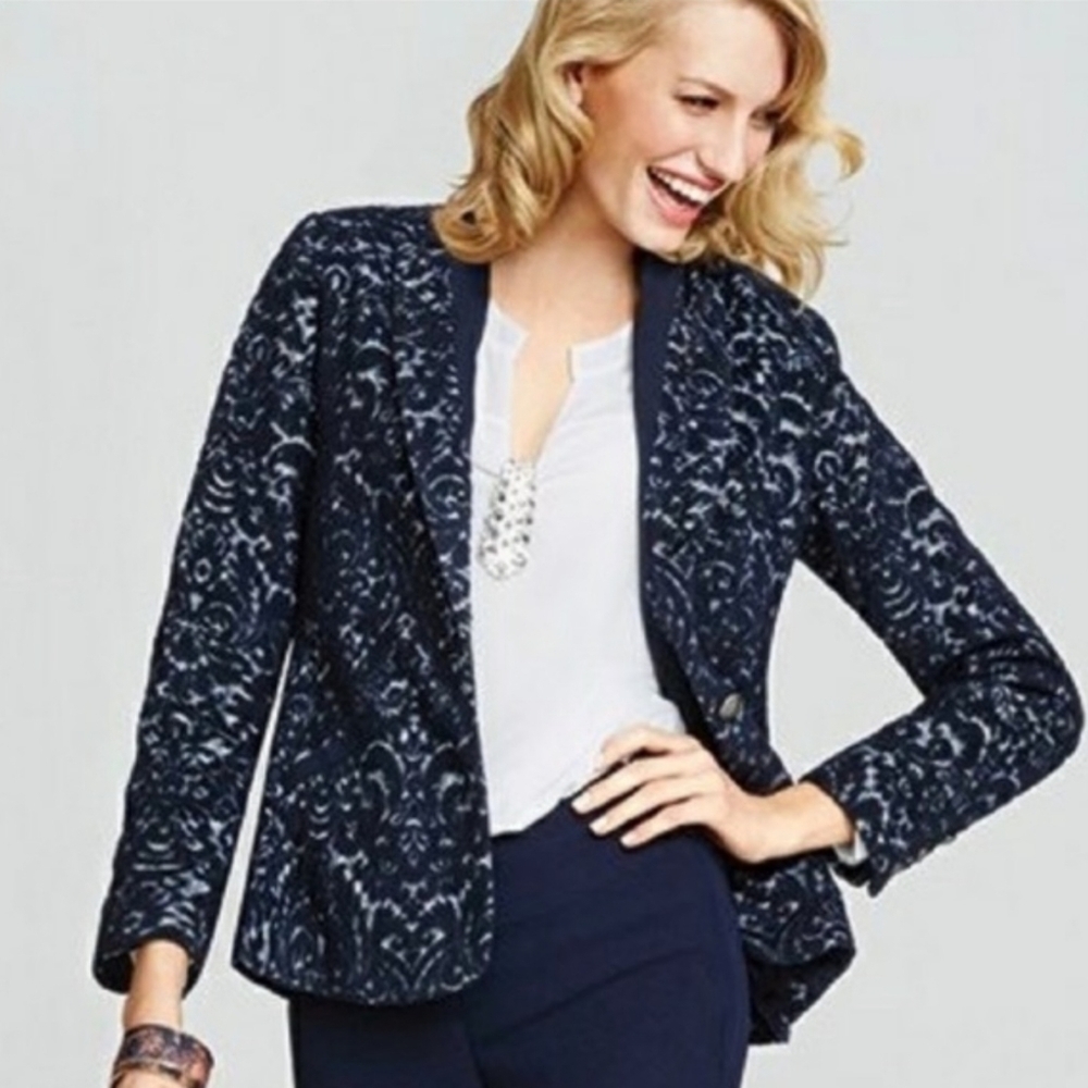 CAbi Jacquard Navy Wool Blend Blazer Size 6